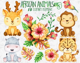 Animales africanos Clipart set 3, pegatina de animales de acuarela, pegatina de sabana, imágenes prediseñadas salvajes de Safari, decoración de bebés, decoración de guardería