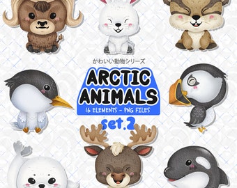 Tiere der Arktis Clipart Set 2, Papageitaucher, Sattelrobbe, Orca| Illustrationen für Winter Handwerk und Lernprojekte, Schnee, eisige Wildnis