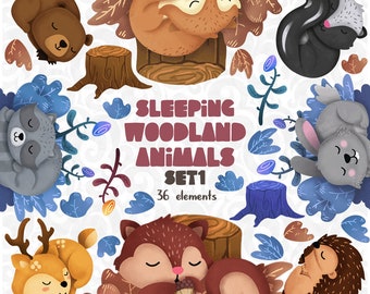 Sleeping Woodland Clipart set 1, Resting animals, napping Friends sticker, woodland baby shower, Nursery Décor