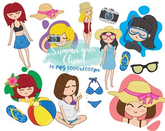 Girls clip art, Summer girls sticker, tropical beach girls clip art, vacation lady, teenager vacation, digital clipart, PNG file 300 dpi