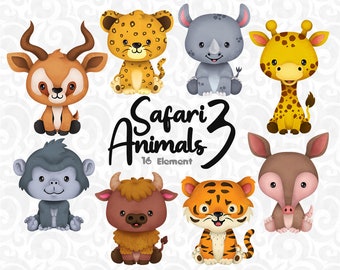 safari animal clipart set 3, descarga digital, Dibujo e ilustración de animales, Invitación imprimible Wall Art, Safari de pintura digital