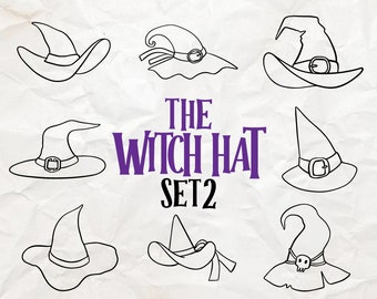 Witch Hat outlined Silhouette svg set 2, Halloween Decor,  Magical hat Crafts, Mystical Headwear SVGs, Halloween hat vector