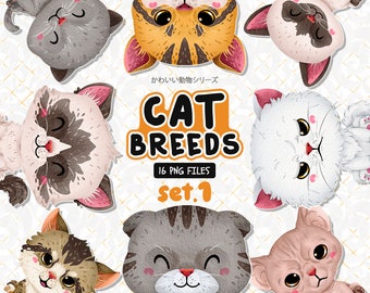 Cat Breeds Clipart Set 1 - cute cat sticker, friendly kawai animal, pet animal, Wall Art printable invitation, Planner Sticker