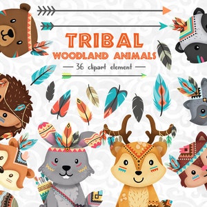 Set di clipart di animali del bosco Boho: decorazioni tribali per la cameretta dei bambini (download digitale)