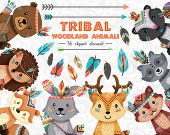 Tribal Woodland Animals Clipart, 36 Boho Forest Creature PNGs for Nursery Decor and Invitations