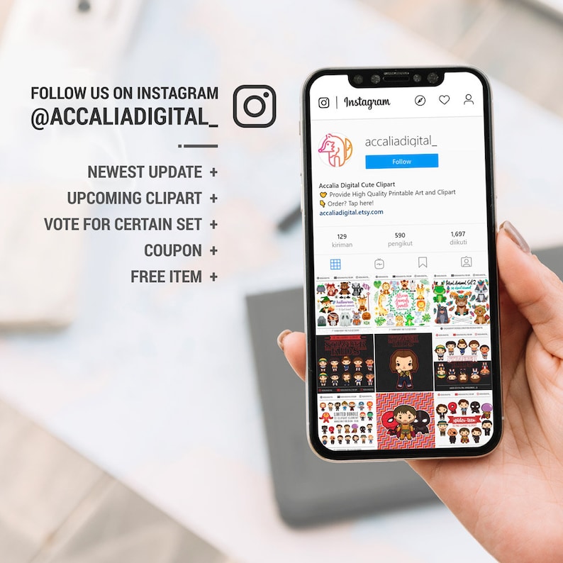 May include: A screenshot of an Instagram post from the account @accaliadigital_. The post features a variety of colourful cartoon clipart images, including characters from popular films and TV shows. The post also includes text that says "Newest Update + Upcoming Clipart + Vote for Certain Set + Coupon + Free Item +" and a link to the account's Etsy shop.