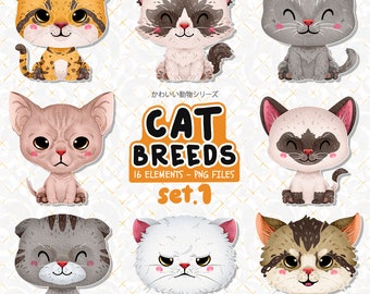 Cat Breeds Clipart Set 1 - cute cat sticker, friendly kawai animal, pet animal, Wall Art printable invitation, Planner Sticker