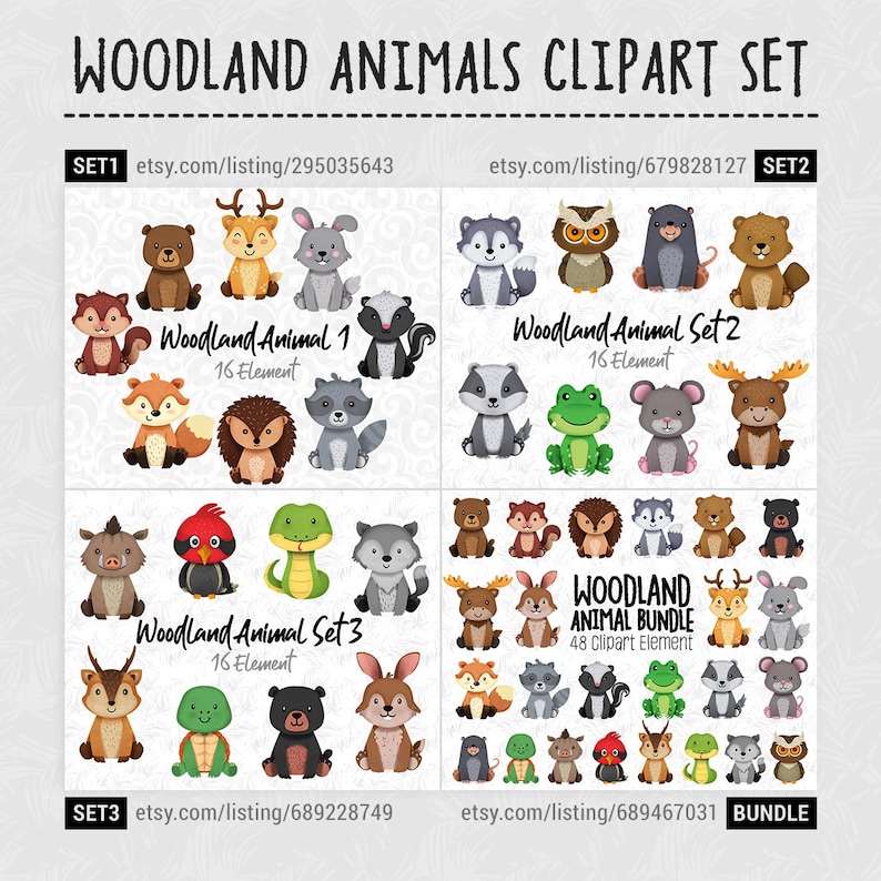 May include: A set of four digital clipart images featuring woodland animals. The images are divided into four sections, each with a different set of animals. The first section features a fox, a deer, a rabbit, a bear, a skunk, a raccoon, a hedgehog, and a squirrel. The second section features an owl, a badger, a moose, a frog, a mouse, a beaver, and a wolf. The third section features a boar, a cardinal, a snake, a wolf, a deer, a turtle, a bear, and a rabbit. The fourth section features a variety of woodland animals, including a fox, a deer, a rabbit, a bear, a skunk, a raccoon, a hedgehog, a squirrel, an owl, a badger, a moose, a frog, a mouse, a beaver, a wolf, a boar, a cardinal, a snake, a wolf, a deer, a turtle, a bear, and a rabbit. The images are all in a cartoon style and are perfect for use in a variety of projects.