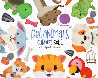 Pet Animal Clipart, 24 PNG Stickers (Digital Download)