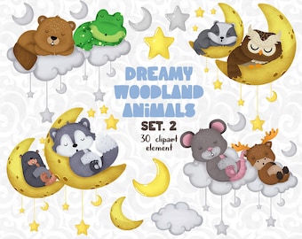 Dreamy Woodland Clipart set 2, Sleeping Woodland, Forest Friends sticker, forest hill, Baby Shower, Nursery Decor