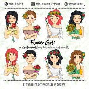 Black haired flower girl clip art, girls illustration, cute brunette girl cartoon, beautiful girl sticker, redhead sticker, mothers day