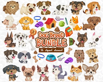 Dog Breed Clipart Bundle | Watercolor Dog breed, Bull Terrier, Beagle, Husky, Pug | hand drawn Illustrations for DIY Crafts, Invitations