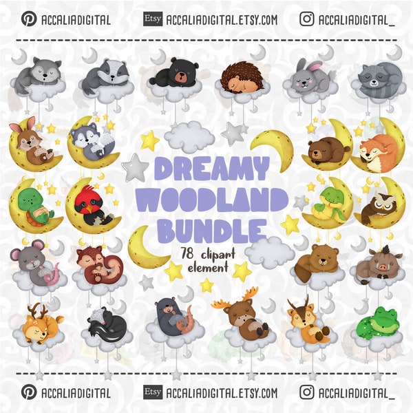 Dreamy Woodland Clipart set bundle, Sleeping Woodland, Resting Forest Friends sticker, forest hill, Baby Shower, Nursery Décor
