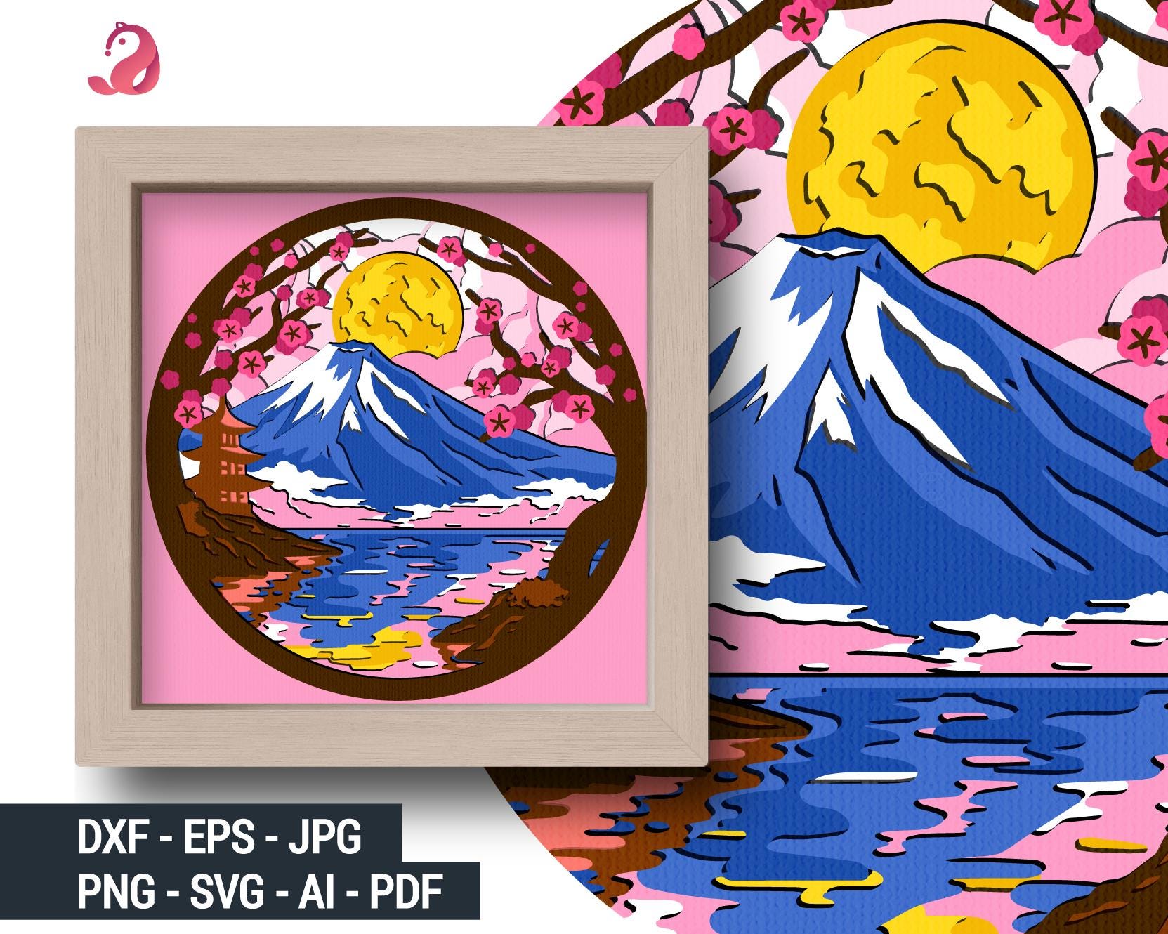 Mount Fuji Sakura 3D Shadow Box SVG - Japanese Landscape Layered