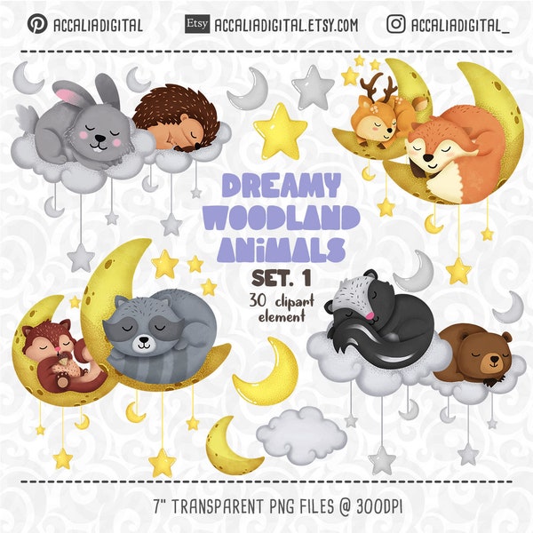 Dreamy Woodland Clipart set 1, Sleeping Woodland, Forest Friends sticker, dreaming forest, fox sticker, Nursery Decor