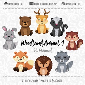 May include: A set of 16 woodland animal illustrations, featuring a deer, bear, skunk, rabbit, squirrel, fox, hedgehog, and raccoon. The illustrations are in a cartoon style and are perfect for use in digital projects.