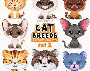 Katzenrassen-Clipart-Set 2 - süßer Katzenaufkleber, freundliches Kawai-Tier, Haustiertier, druckbare Wandkunsteinladung, Planeraufkleber