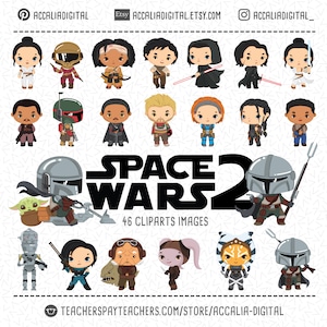 Space wars Clip art Bundel 2, schattige mando clipart, ruimte karakter cartoon, Space character party, space clipart afbeelding 1