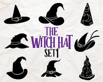 Witch Hat Silhouette svg set 1, Halloween Decor,  Magical hat Crafts, Mystical Headwear SVGs, Halloween hat vector