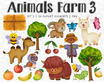 Animal Farm clipart set 3, descarga digital, dibujo e ilustración de animales, invitación imprimible Wall Art, imágenes prediseñadas de campo de granja