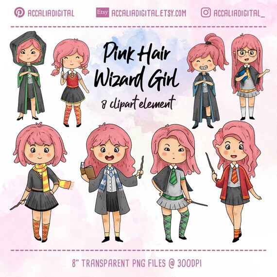 Wizard Girl Clip Art Redhair Illustration Pink Haired Cute Girl Sticker Beautiful Girl Digital Clipart Png File 300 Dpi