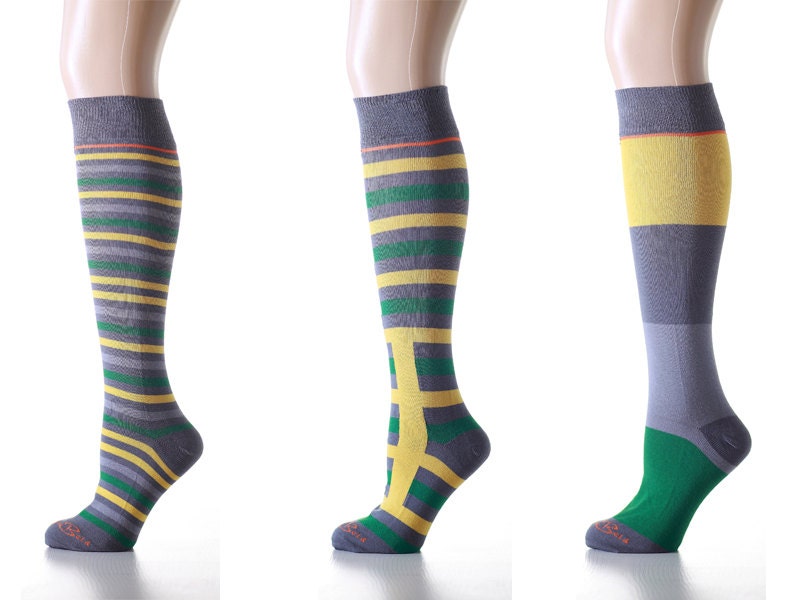 Womens Colorful Knee High Socks Grey & Yellow Stripe | Etsy