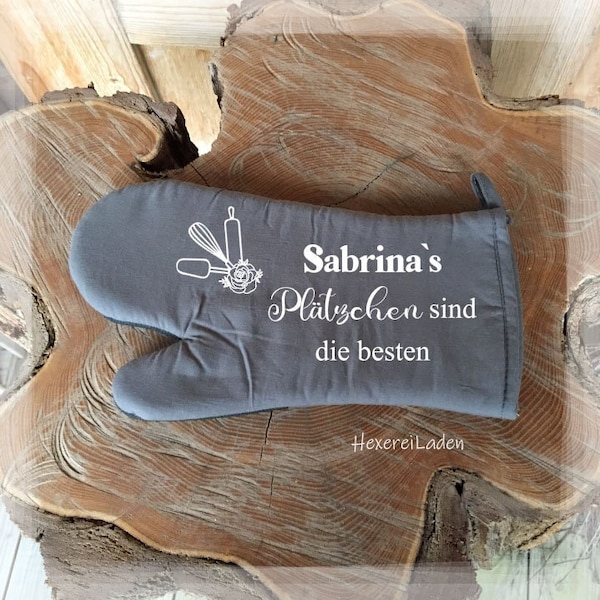 Backhandschuh, personalisierter Backhandschuh, Ofenhandschuh, Geschenk, Dekoration, Grau, 50% Baumwolle, Einheitsgröße, Rechtshänder