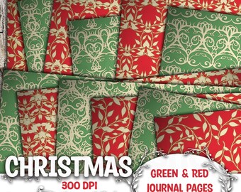 Merry Christmas Junk Journal Pages Winter Digital Paper Junk Journal Kit Printable Papers Download Red and Green Damask Background Holiday