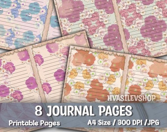 Junk Journal Pages, Floral, Set of 8, Vintage Style, Flowers Ephemera, Digital Paper Set, Journaling, Kit, Lined Journal Pages