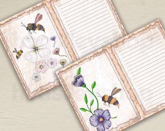 Bee Junk Journal Pages, Vintage Papers, Bee Printable Kit, Watercolor Bee Junk Journal, Flowers, Floral, Lined Journal Pages, Journaling Kit