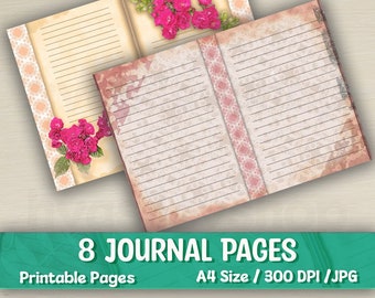 Lined Journal Pages, 8 Digital Papers, Printable Pages, Collage Sheet, Junk Journal Pages, Old Style Pages, Roses Journal Sheets, Scrapbook