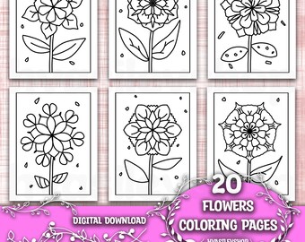 20 Flowers Coloring Pages for Kids Printable Coloring Page Preschool Paint Activity Homeschool Printables Sheets