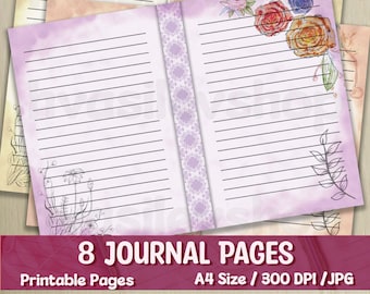 Junk Journal Pages, Vintage Style Lined Paper, Set of 8, Printable, Digital Download, Old Style