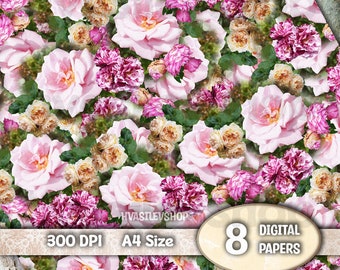 Rose Digital Paper, Roses Pages, Collage Sheet, Roses Pattern, Package Paper, Floral Digital Paper, Pink, Green, Blue, Red, Mixed Media