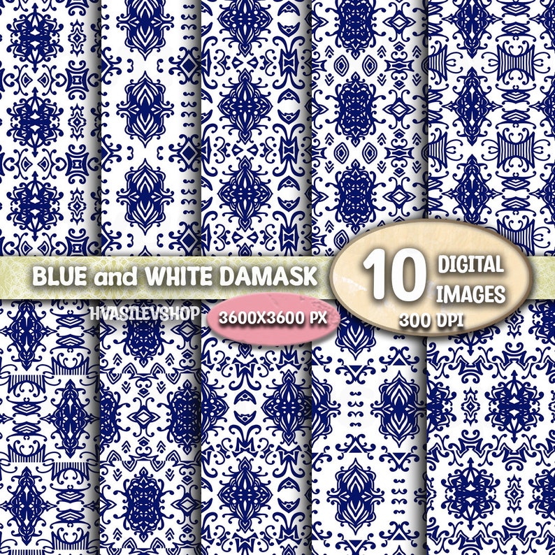 Blue and White Damask Digital Paper Pack, Printable Paper, Phone