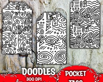 Doodles Pocket Tags Junk Journal Kit Modern Abstract Printable Ephemera Journal Tags Download Doodle Tag Black and White Tags Scrapbook