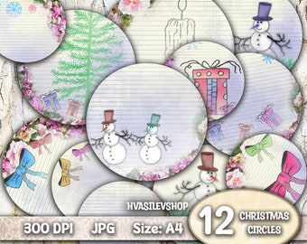 Christmas Circles, Winter Circles, Christmas Decorations, Cupcake Toppers, Junk Journal, Snow Time, Ephemera, Crafts, Labels, Inserts, DIY