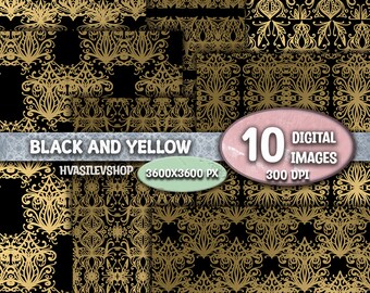 Black and Yellow Background, Digital Paper Kit, Scrapbooking, Cardmaking, Damask, Commercial Use, Instant Download