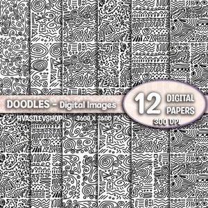Doodles Digital Paper, Black and White Patterns, Hand Drawn, Digital Paper Pack, Scrapbooking Paper, Digital Papers, Commercial Use