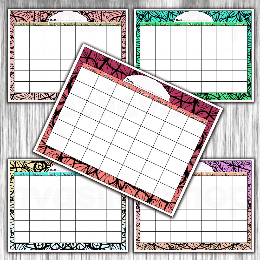 Printable Blank Calendar Colored Undated Monthly Calendar Digital ...