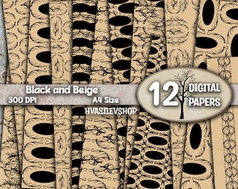 Black and Beige Digital Paper, Neutral, Digital, Pattern, Backgrounds, Printable, Scrapbook, Trendy, Decoupage, Cardmaking, Download
