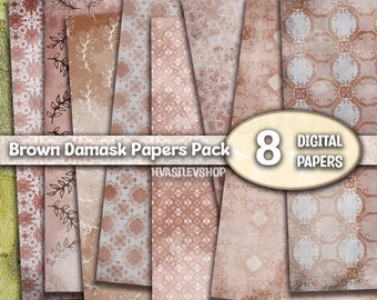 Brown Damask Digital Papers Set Vintage Texture Background Scrapbooking Digital Collage Sheet Journal Papers for DIY Projects