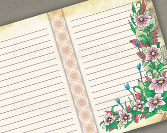 Floral Digital Junk Journal Pages, Set of 8 Scrapbooking Papers, Instant Download Files, A4 Size