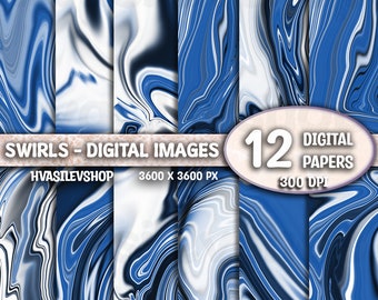 Blue White and Black Digital Paper, Commercial Use, Swirls Background, Swirls Backdrop, Abstract Art, Instant Download, Liquid Texture