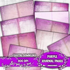 Purple Junk Journal Pages Printable Vintage Paper Lined and Blank Journal Kit Instant Download Ephemera Antique Sheets