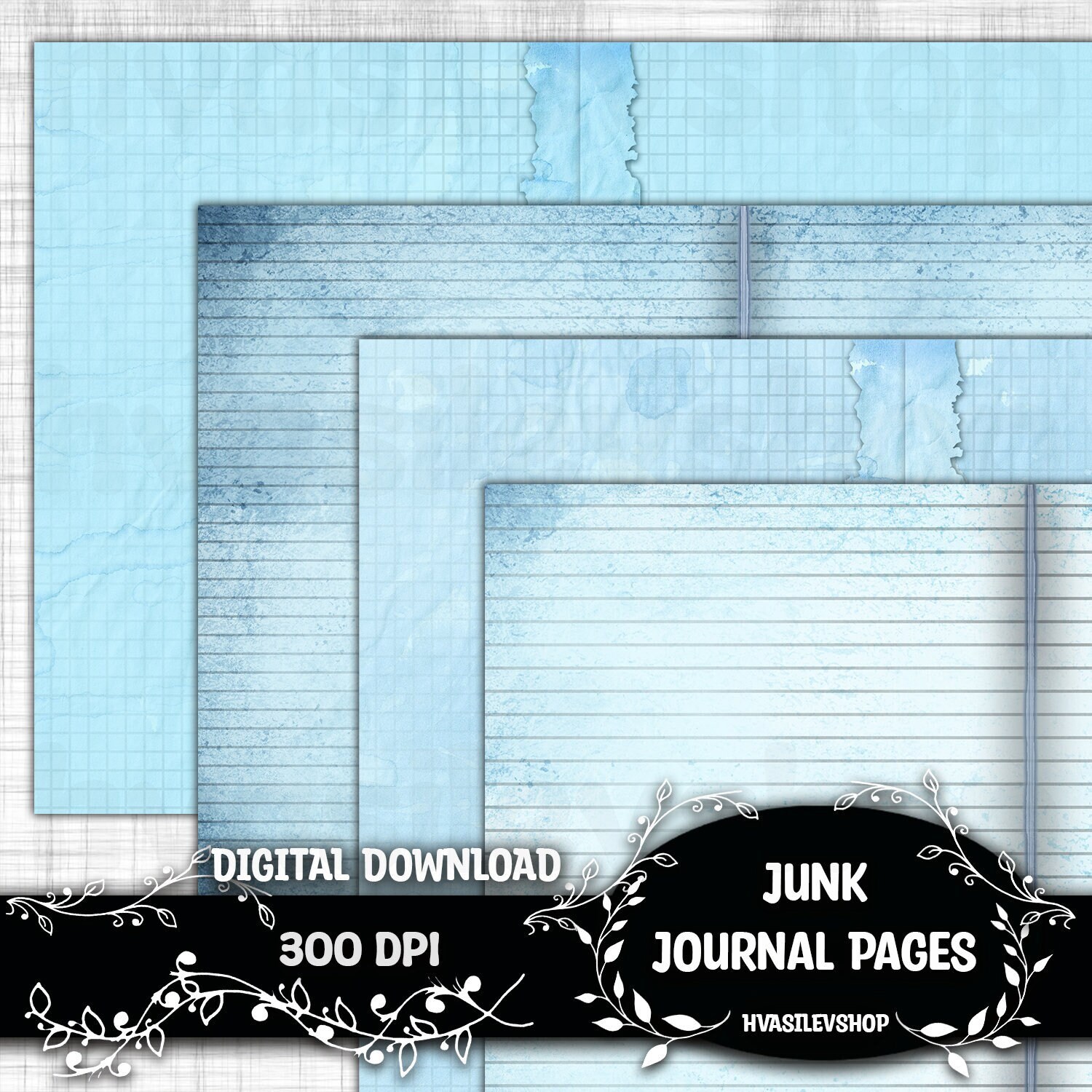 Blue Graph Junk Journal Pages Printable Junk Journal Kit Bundle Digital ...