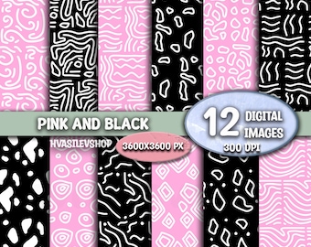 Pink and Black Digital Paper, Hand Drawn Doodles, Digital Papers, Printable Paper, Doodle Wallpaper, Instant Download, Doodle Digital Paper