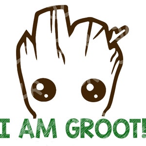 以下が含まれることがあります： 大きな目をした茶色の漫画のキャラクターと緑色の文字「I AM GROOT!」