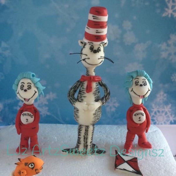 DELIVERY Worldwide Cat in The Hat 3D Fondant Cake Topper Birthday Cake Decoration Thing 1 Thing 2 Fish kite
