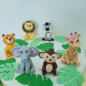 3D Fondant Edible Jungle Theme Cake Toppers Elephant Lion Tiger Giraffe Monkey Zebra Leaves